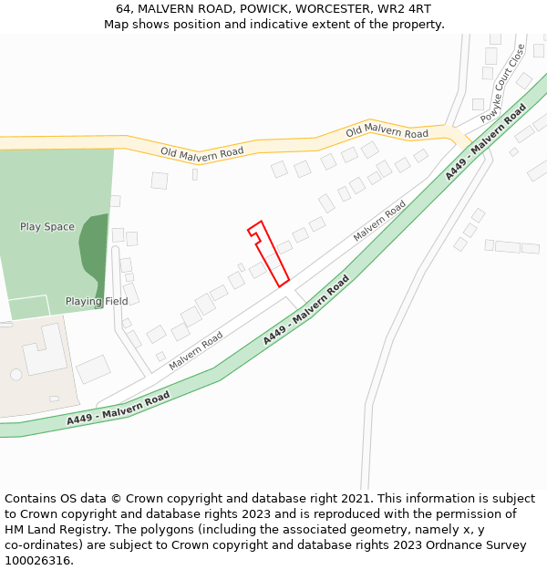 64, MALVERN ROAD, POWICK, WORCESTER, WR2 4RT: Location map and indicative extent of plot
