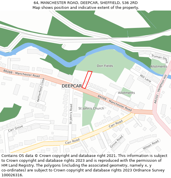 64, MANCHESTER ROAD, DEEPCAR, SHEFFIELD, S36 2RD: Location map and indicative extent of plot