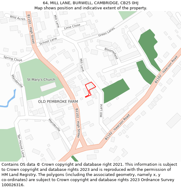 64, MILL LANE, BURWELL, CAMBRIDGE, CB25 0HJ: Location map and indicative extent of plot