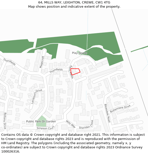 64, MILLS WAY, LEIGHTON, CREWE, CW1 4TG: Location map and indicative extent of plot