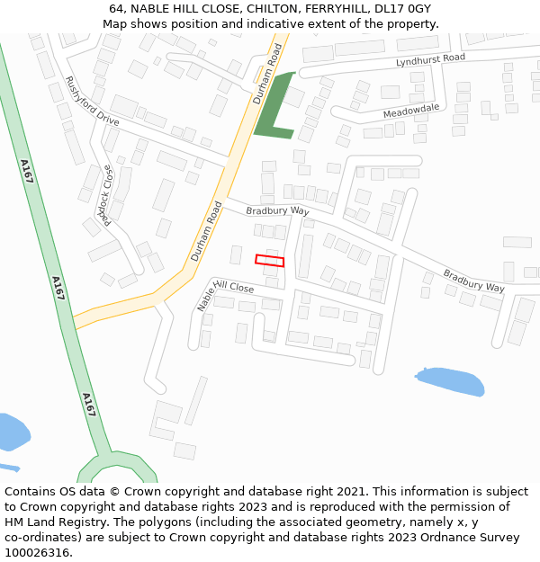 64, NABLE HILL CLOSE, CHILTON, FERRYHILL, DL17 0GY: Location map and indicative extent of plot