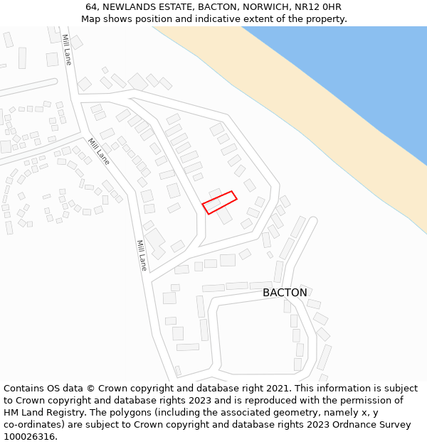 64, NEWLANDS ESTATE, BACTON, NORWICH, NR12 0HR: Location map and indicative extent of plot