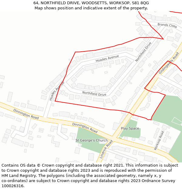 64, NORTHFIELD DRIVE, WOODSETTS, WORKSOP, S81 8QG: Location map and indicative extent of plot