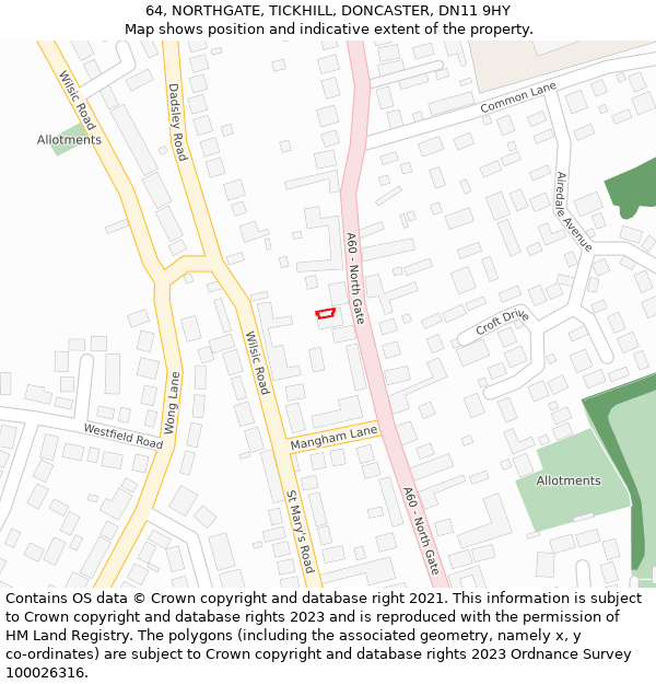 64, NORTHGATE, TICKHILL, DONCASTER, DN11 9HY: Location map and indicative extent of plot