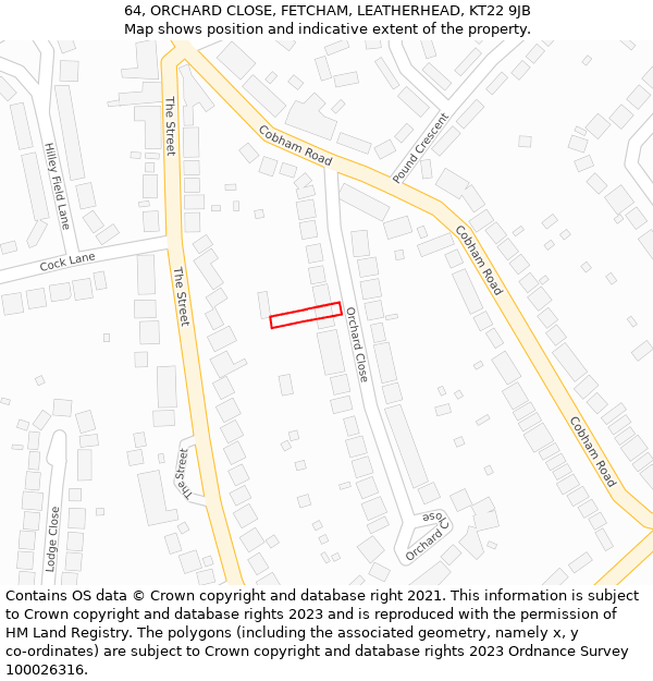 64, ORCHARD CLOSE, FETCHAM, LEATHERHEAD, KT22 9JB: Location map and indicative extent of plot