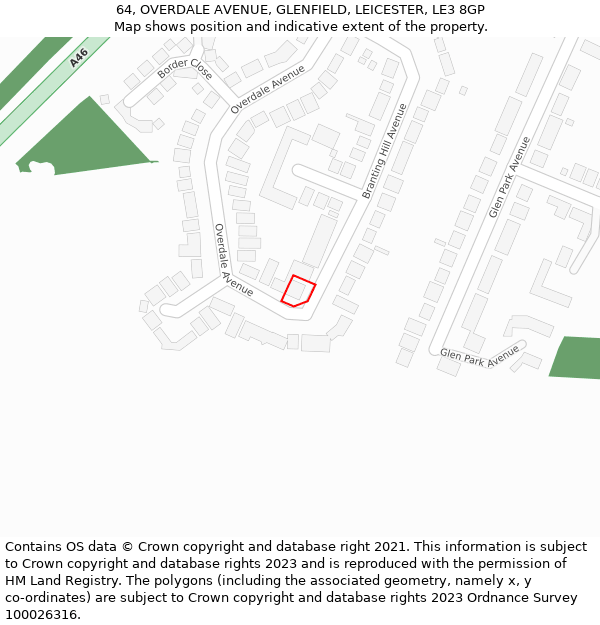 64, OVERDALE AVENUE, GLENFIELD, LEICESTER, LE3 8GP: Location map and indicative extent of plot