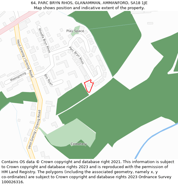 64, PARC BRYN RHOS, GLANAMMAN, AMMANFORD, SA18 1JE: Location map and indicative extent of plot