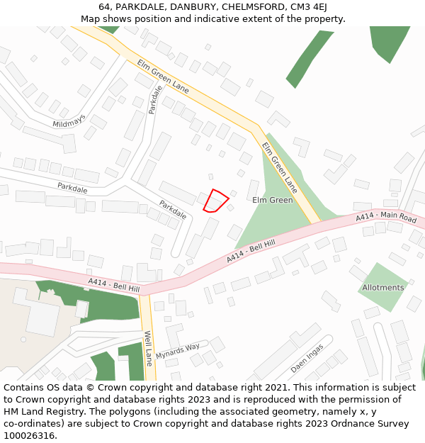 64, PARKDALE, DANBURY, CHELMSFORD, CM3 4EJ: Location map and indicative extent of plot