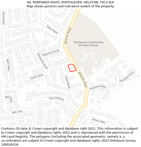 64, PENPONDS ROAD, PORTHLEVEN, HELSTON, TR13 9LP: Location map and indicative extent of plot