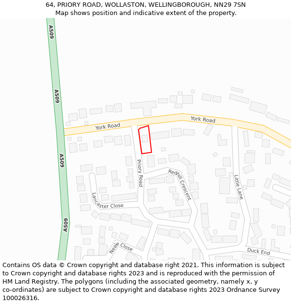 64, PRIORY ROAD, WOLLASTON, WELLINGBOROUGH, NN29 7SN: Location map and indicative extent of plot