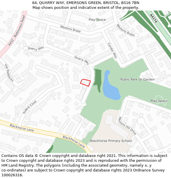 64, QUARRY WAY, EMERSONS GREEN, BRISTOL, BS16 7BN: Location map and indicative extent of plot