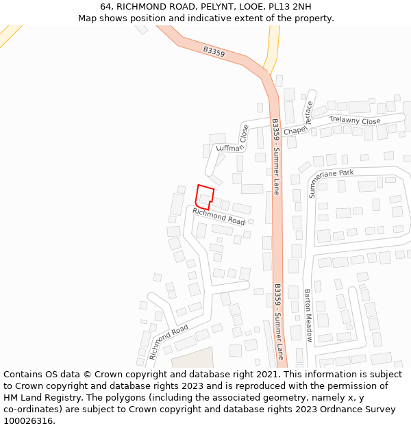 64, RICHMOND ROAD, PELYNT, LOOE, PL13 2NH: Location map and indicative extent of plot