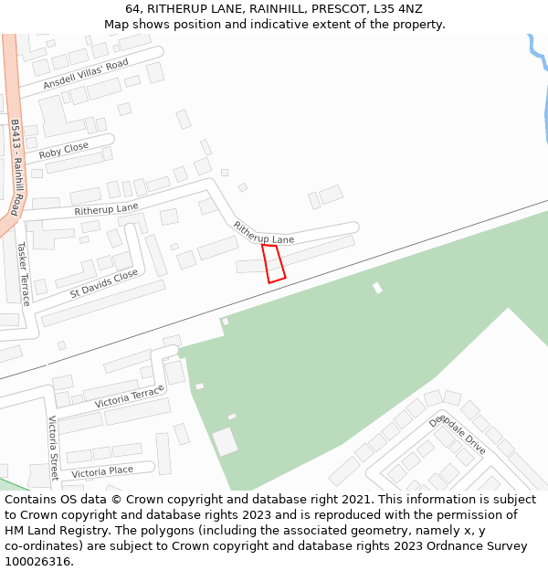 64, RITHERUP LANE, RAINHILL, PRESCOT, L35 4NZ: Location map and indicative extent of plot