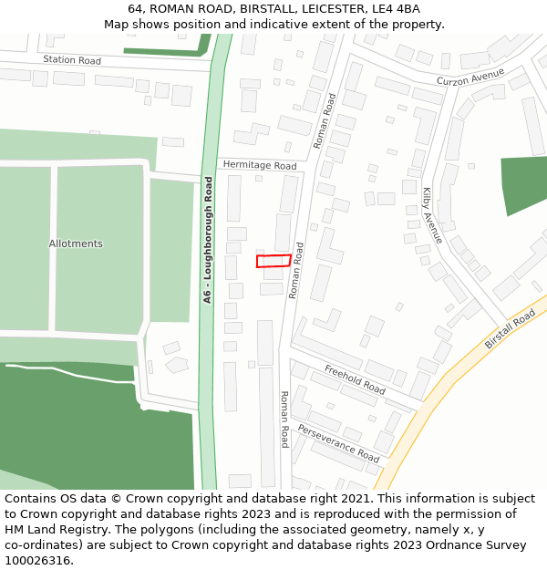 64, ROMAN ROAD, BIRSTALL, LEICESTER, LE4 4BA: Location map and indicative extent of plot