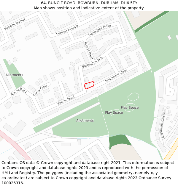 64, RUNCIE ROAD, BOWBURN, DURHAM, DH6 5EY: Location map and indicative extent of plot