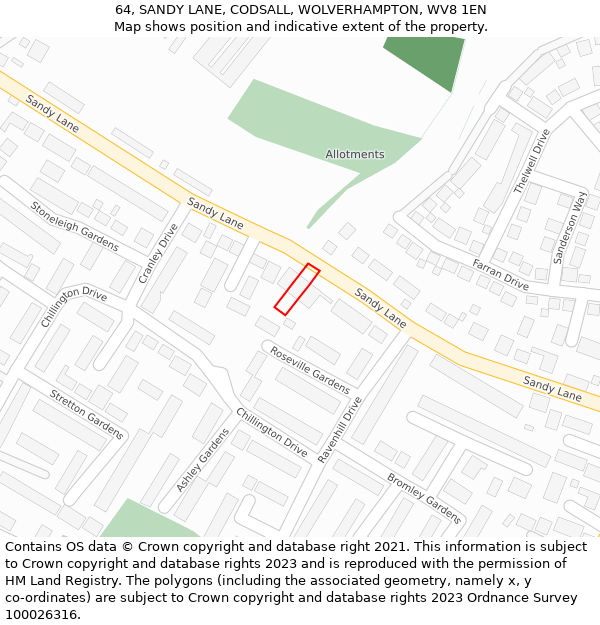 64, SANDY LANE, CODSALL, WOLVERHAMPTON, WV8 1EN: Location map and indicative extent of plot