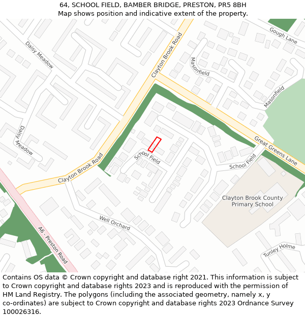 64, SCHOOL FIELD, BAMBER BRIDGE, PRESTON, PR5 8BH: Location map and indicative extent of plot