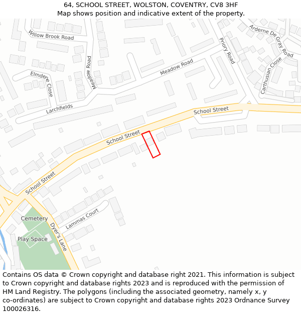 64, SCHOOL STREET, WOLSTON, COVENTRY, CV8 3HF: Location map and indicative extent of plot