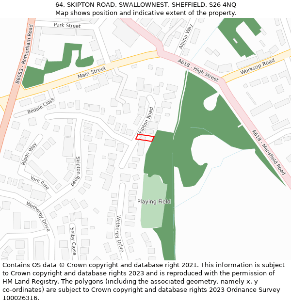 64, SKIPTON ROAD, SWALLOWNEST, SHEFFIELD, S26 4NQ: Location map and indicative extent of plot