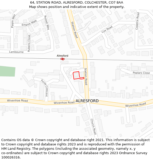 64, STATION ROAD, ALRESFORD, COLCHESTER, CO7 8AA: Location map and indicative extent of plot