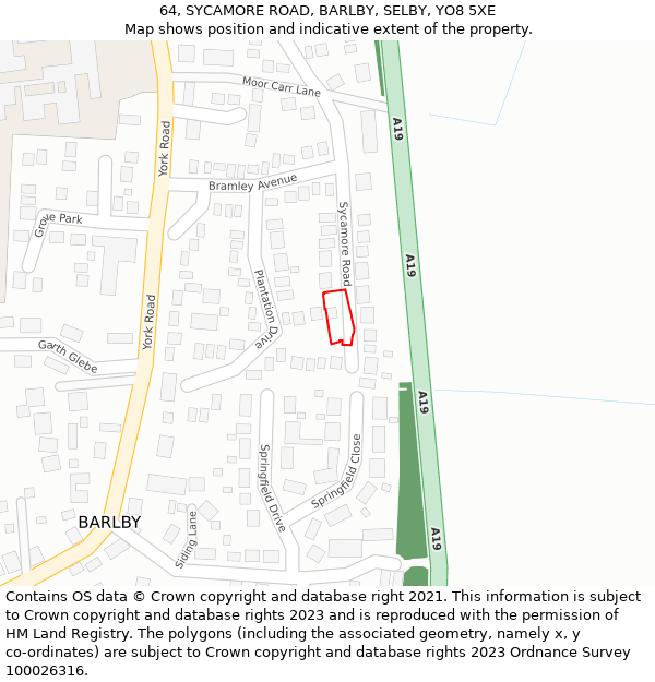 64, SYCAMORE ROAD, BARLBY, SELBY, YO8 5XE: Location map and indicative extent of plot