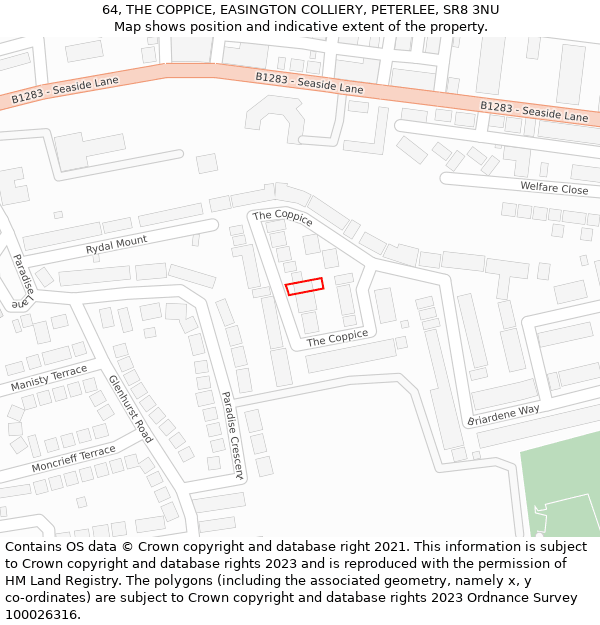 64, THE COPPICE, EASINGTON COLLIERY, PETERLEE, SR8 3NU: Location map and indicative extent of plot