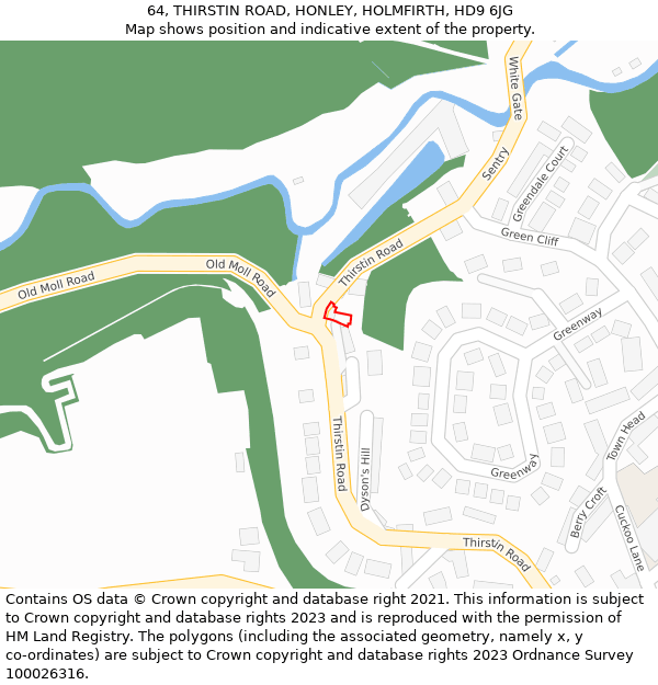 64, THIRSTIN ROAD, HONLEY, HOLMFIRTH, HD9 6JG: Location map and indicative extent of plot