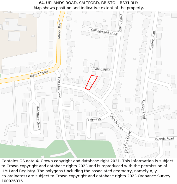 64, UPLANDS ROAD, SALTFORD, BRISTOL, BS31 3HY: Location map and indicative extent of plot