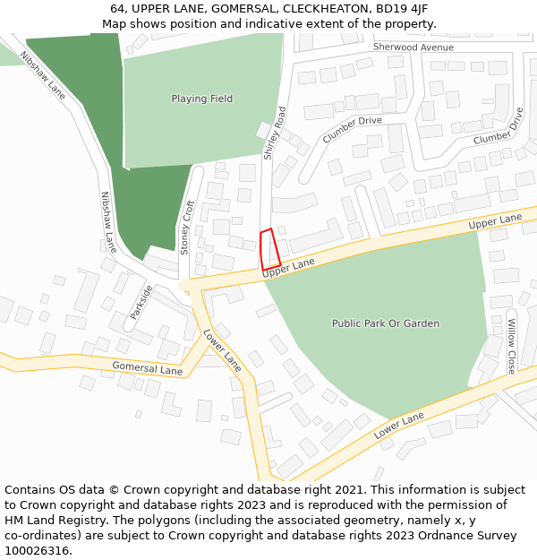 64, UPPER LANE, GOMERSAL, CLECKHEATON, BD19 4JF: Location map and indicative extent of plot