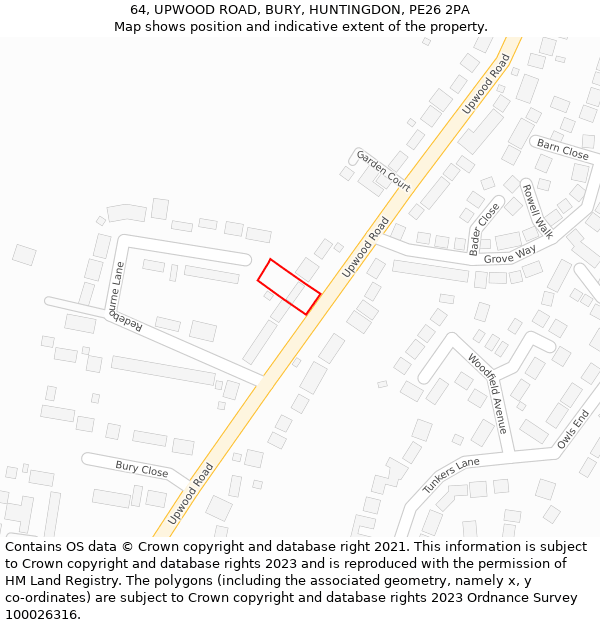 64, UPWOOD ROAD, BURY, HUNTINGDON, PE26 2PA: Location map and indicative extent of plot