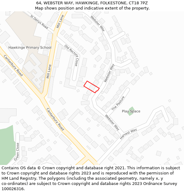 64, WEBSTER WAY, HAWKINGE, FOLKESTONE, CT18 7PZ: Location map and indicative extent of plot