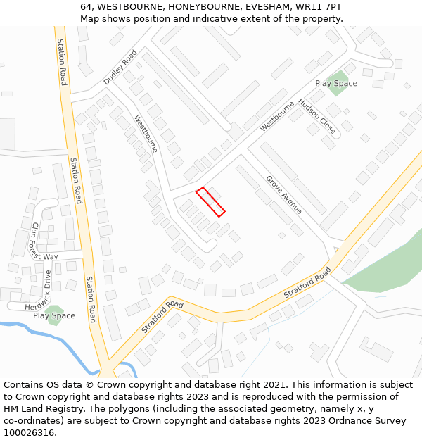 64, WESTBOURNE, HONEYBOURNE, EVESHAM, WR11 7PT: Location map and indicative extent of plot