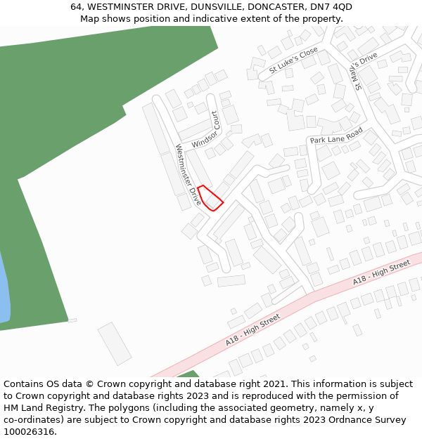 64, WESTMINSTER DRIVE, DUNSVILLE, DONCASTER, DN7 4QD: Location map and indicative extent of plot