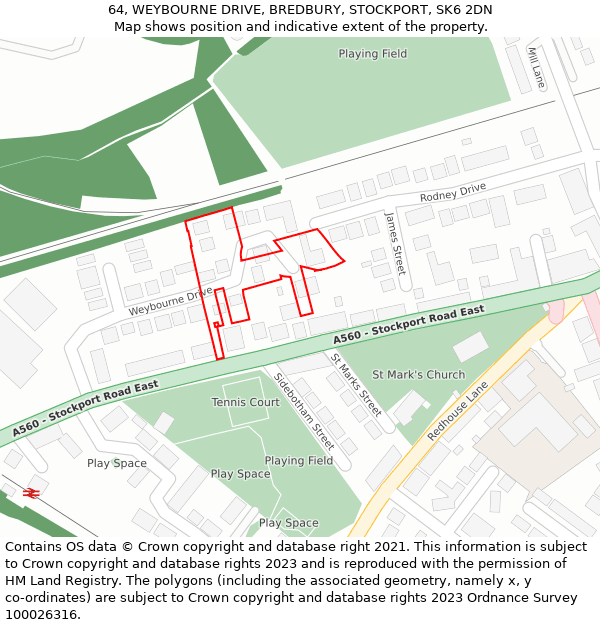 64, WEYBOURNE DRIVE, BREDBURY, STOCKPORT, SK6 2DN: Location map and indicative extent of plot