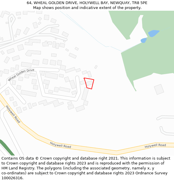 64, WHEAL GOLDEN DRIVE, HOLYWELL BAY, NEWQUAY, TR8 5PE: Location map and indicative extent of plot