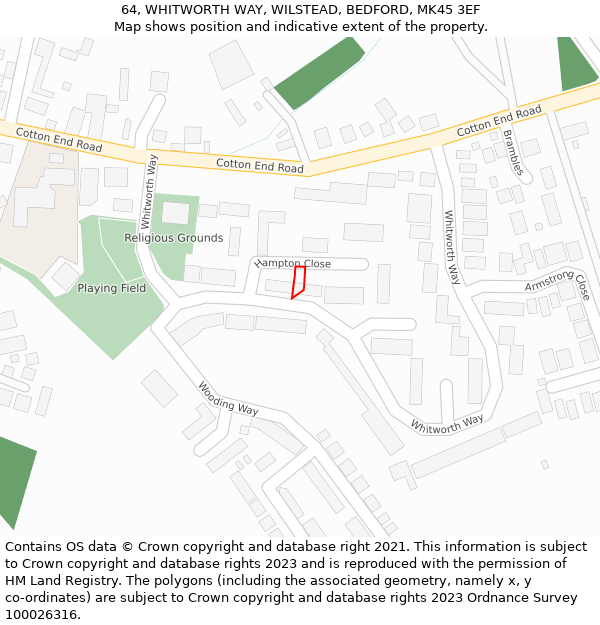 64, WHITWORTH WAY, WILSTEAD, BEDFORD, MK45 3EF: Location map and indicative extent of plot