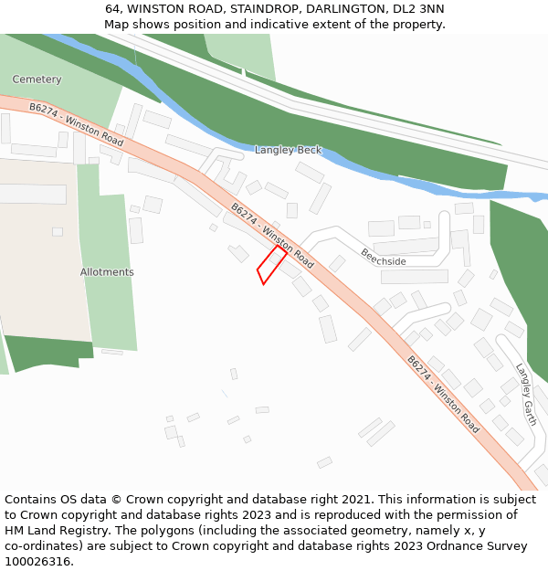 64, WINSTON ROAD, STAINDROP, DARLINGTON, DL2 3NN: Location map and indicative extent of plot