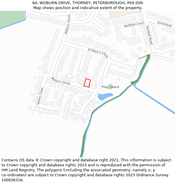 64, WOBURN DRIVE, THORNEY, PETERBOROUGH, PE6 0SN: Location map and indicative extent of plot