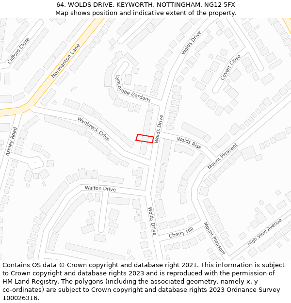 64, WOLDS DRIVE, KEYWORTH, NOTTINGHAM, NG12 5FX: Location map and indicative extent of plot