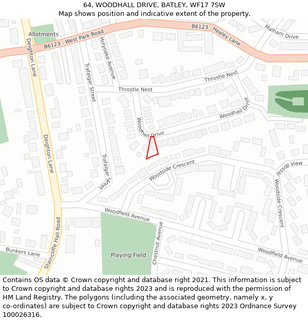 64, WOODHALL DRIVE, BATLEY, WF17 7SW: Location map and indicative extent of plot