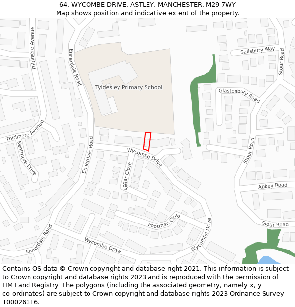 64, WYCOMBE DRIVE, ASTLEY, MANCHESTER, M29 7WY: Location map and indicative extent of plot