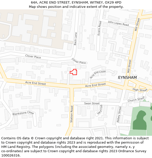 64A, ACRE END STREET, EYNSHAM, WITNEY, OX29 4PD: Location map and indicative extent of plot