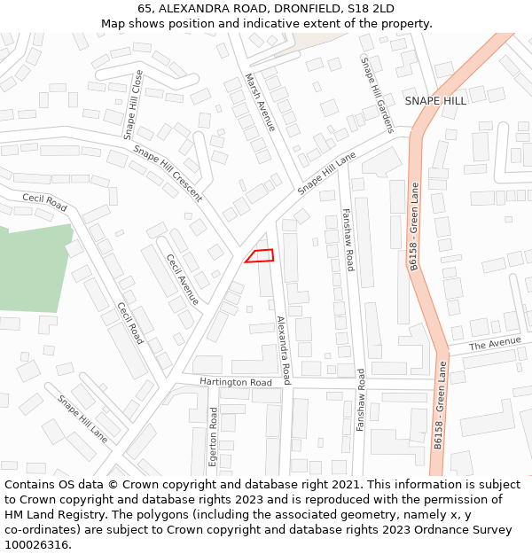 65, ALEXANDRA ROAD, DRONFIELD, S18 2LD: Location map and indicative extent of plot