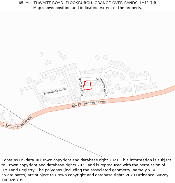 65, ALLITHWAITE ROAD, FLOOKBURGH, GRANGE-OVER-SANDS, LA11 7JR: Location map and indicative extent of plot