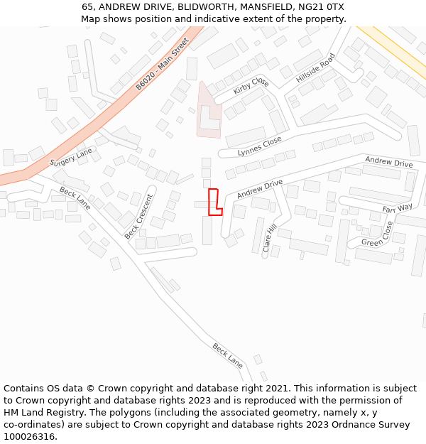 65, ANDREW DRIVE, BLIDWORTH, MANSFIELD, NG21 0TX: Location map and indicative extent of plot