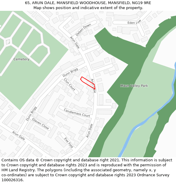 65, ARUN DALE, MANSFIELD WOODHOUSE, MANSFIELD, NG19 9RE: Location map and indicative extent of plot