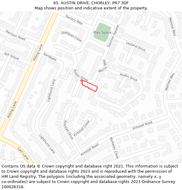 65, AUSTIN DRIVE, CHORLEY, PR7 3DF: Location map and indicative extent of plot