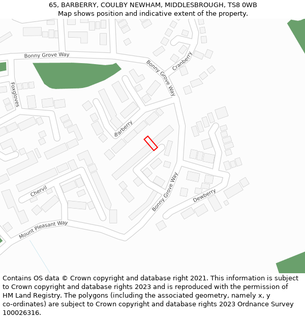 65, BARBERRY, COULBY NEWHAM, MIDDLESBROUGH, TS8 0WB: Location map and indicative extent of plot