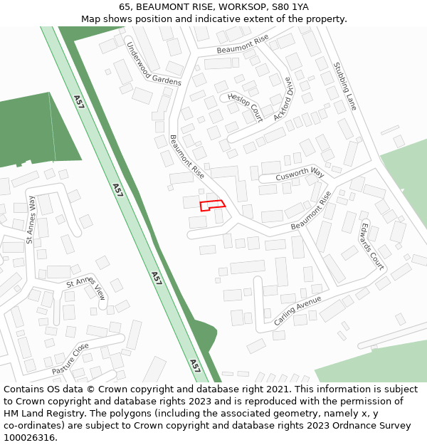 65, BEAUMONT RISE, WORKSOP, S80 1YA: Location map and indicative extent of plot