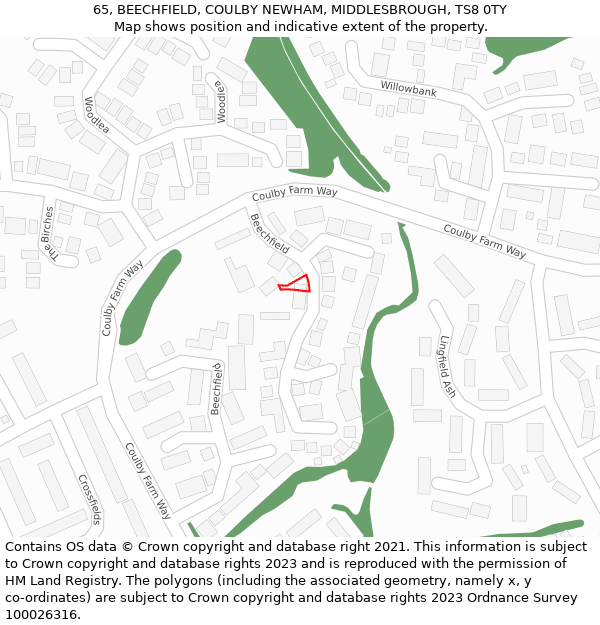 65, BEECHFIELD, COULBY NEWHAM, MIDDLESBROUGH, TS8 0TY: Location map and indicative extent of plot